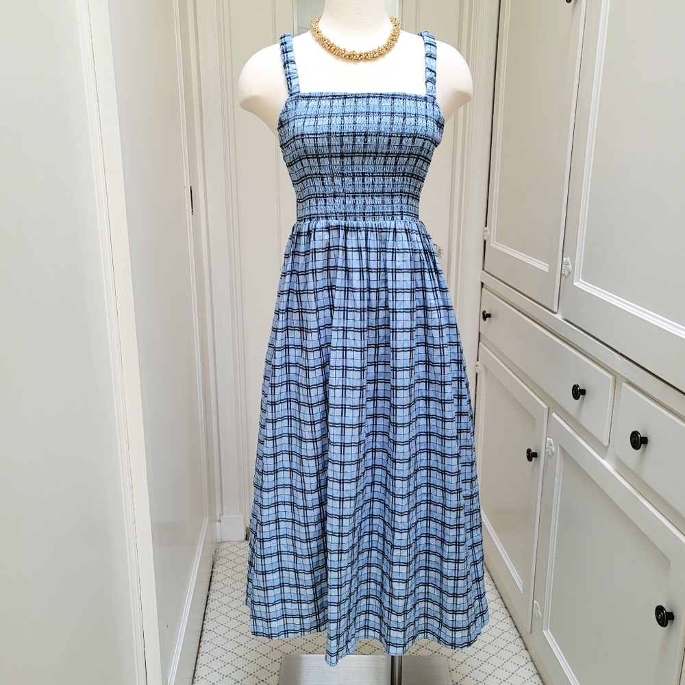 J Crew Smocked sleeveless dress in textured blue plaid